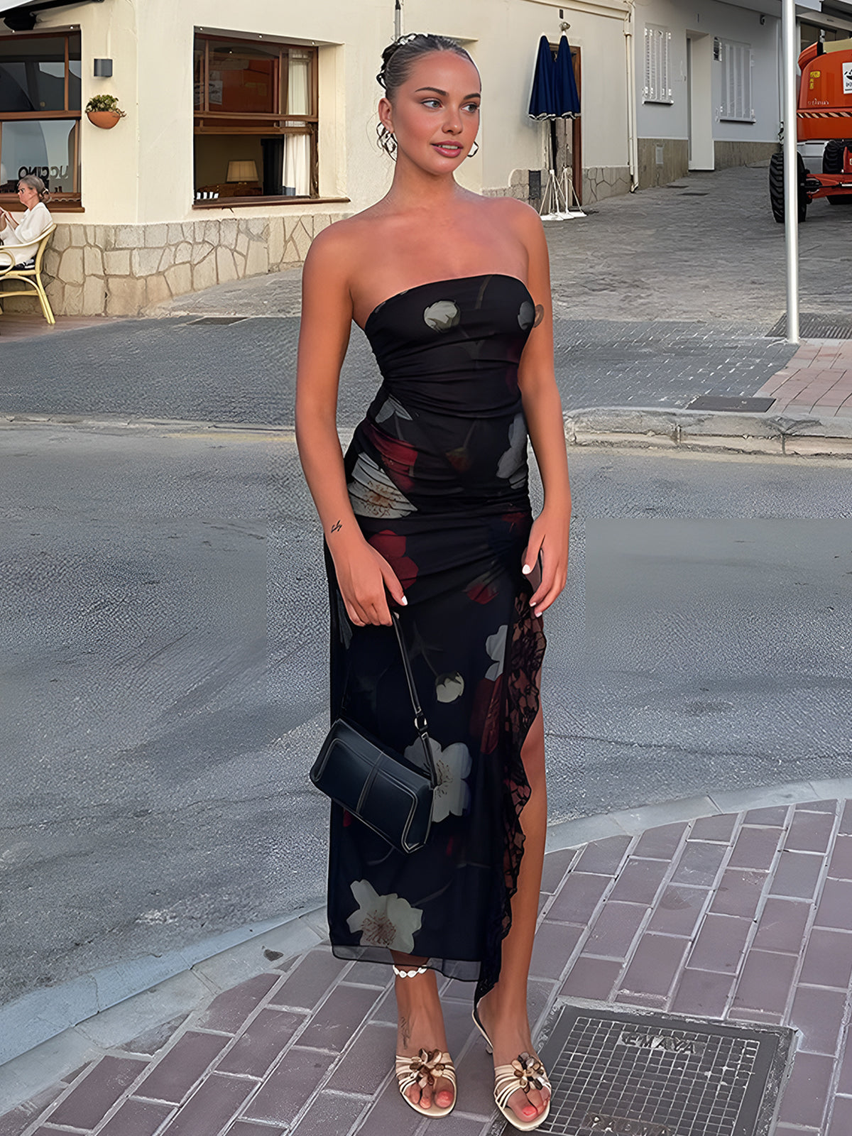 Floral Split Tube Midi Dress — Black in Black — Svelte Chic
