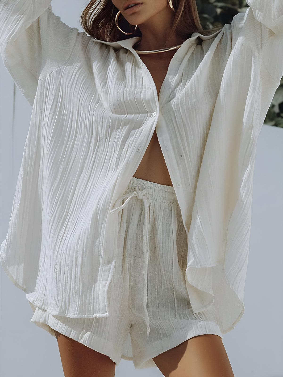 Cotton Pocket Drawstring Shorts Set — White in White — Svelte Chic