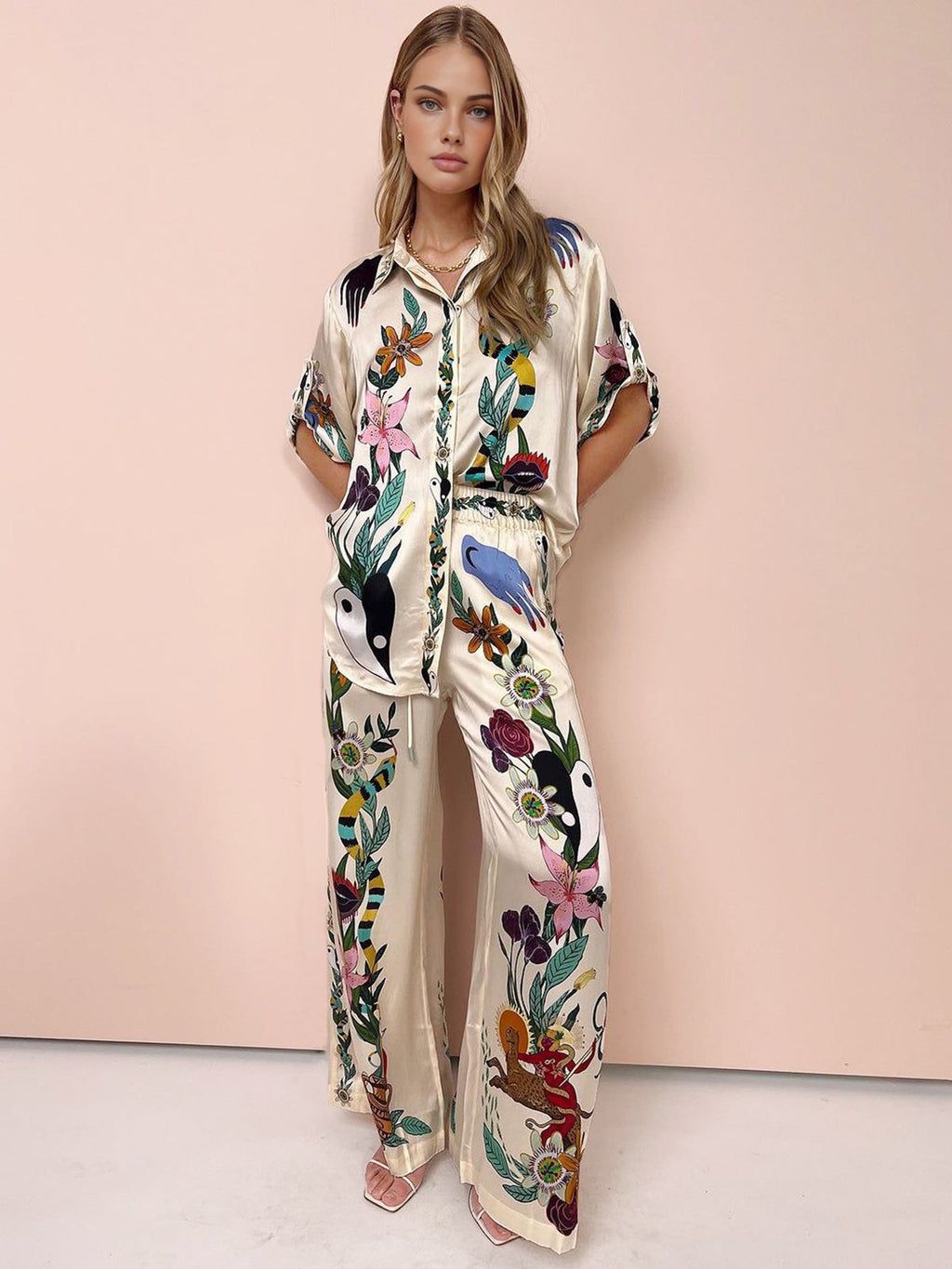 Floral Satin Trouser Set — Bohemian in Multicolor — Svelte Chic