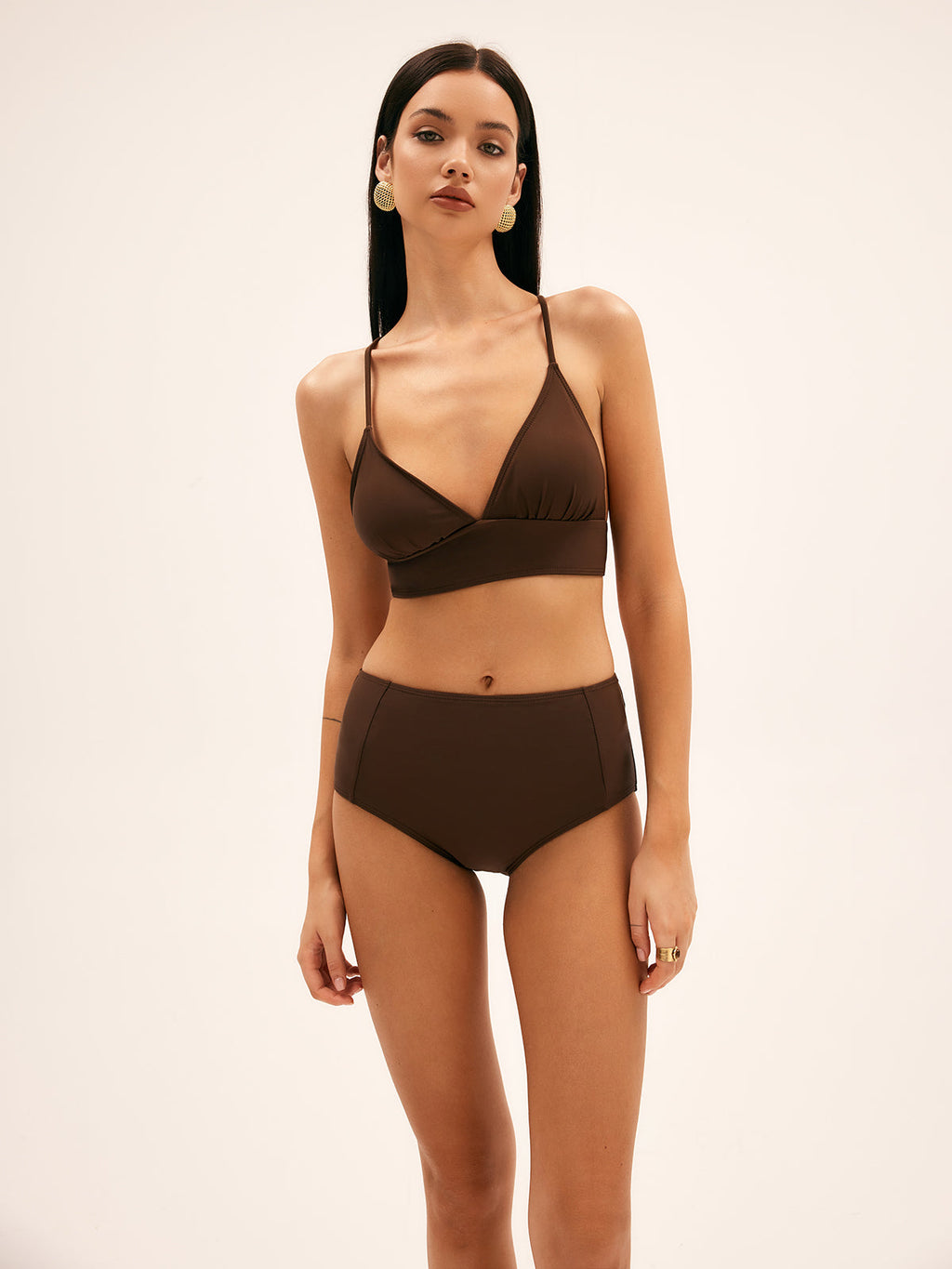 Palm High-Waist Tie Bikini Set — Brown — Svelte Chic