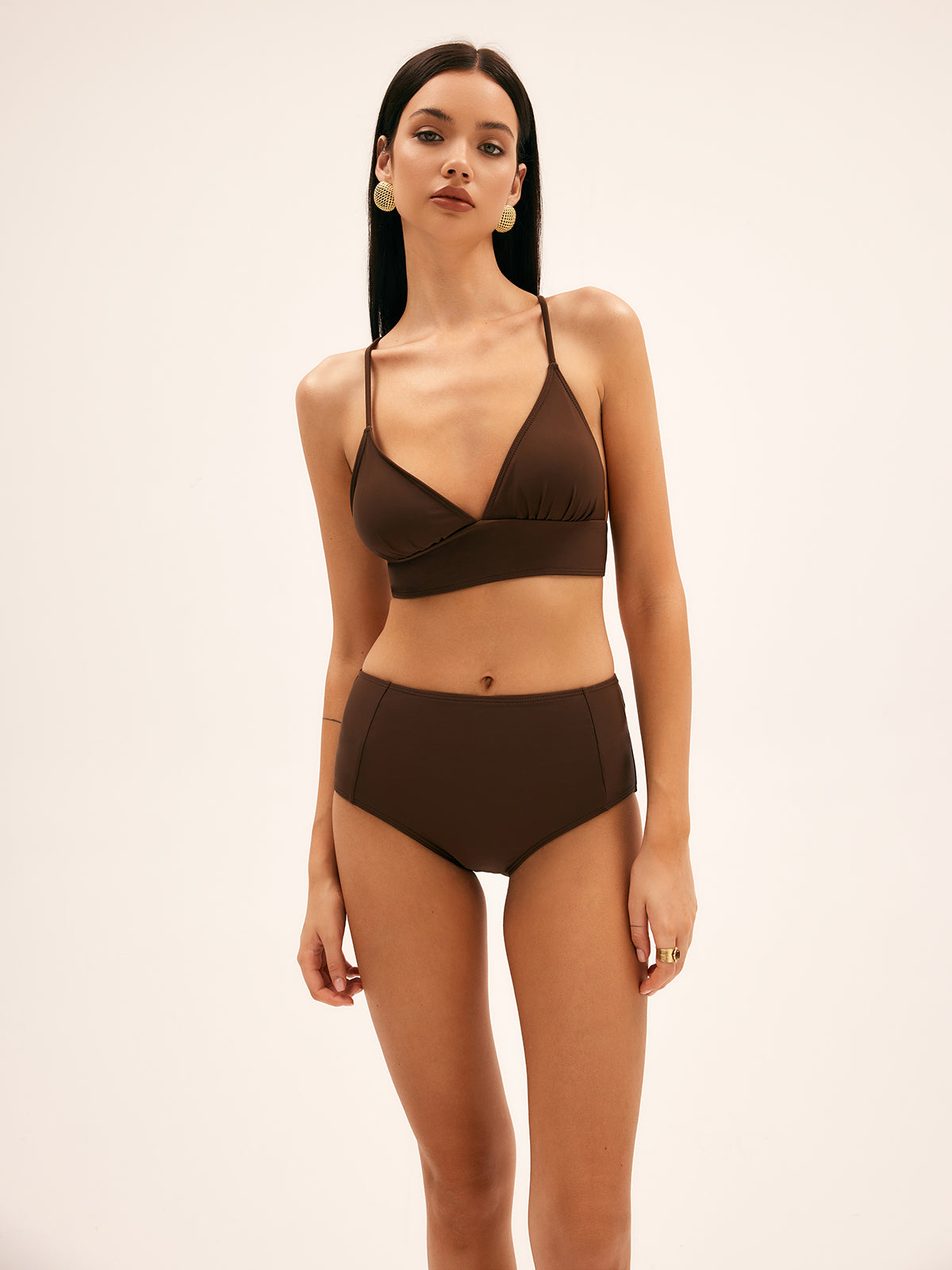 Palm High-Waist Tie Bikini Set — Brown — Svelte Chic