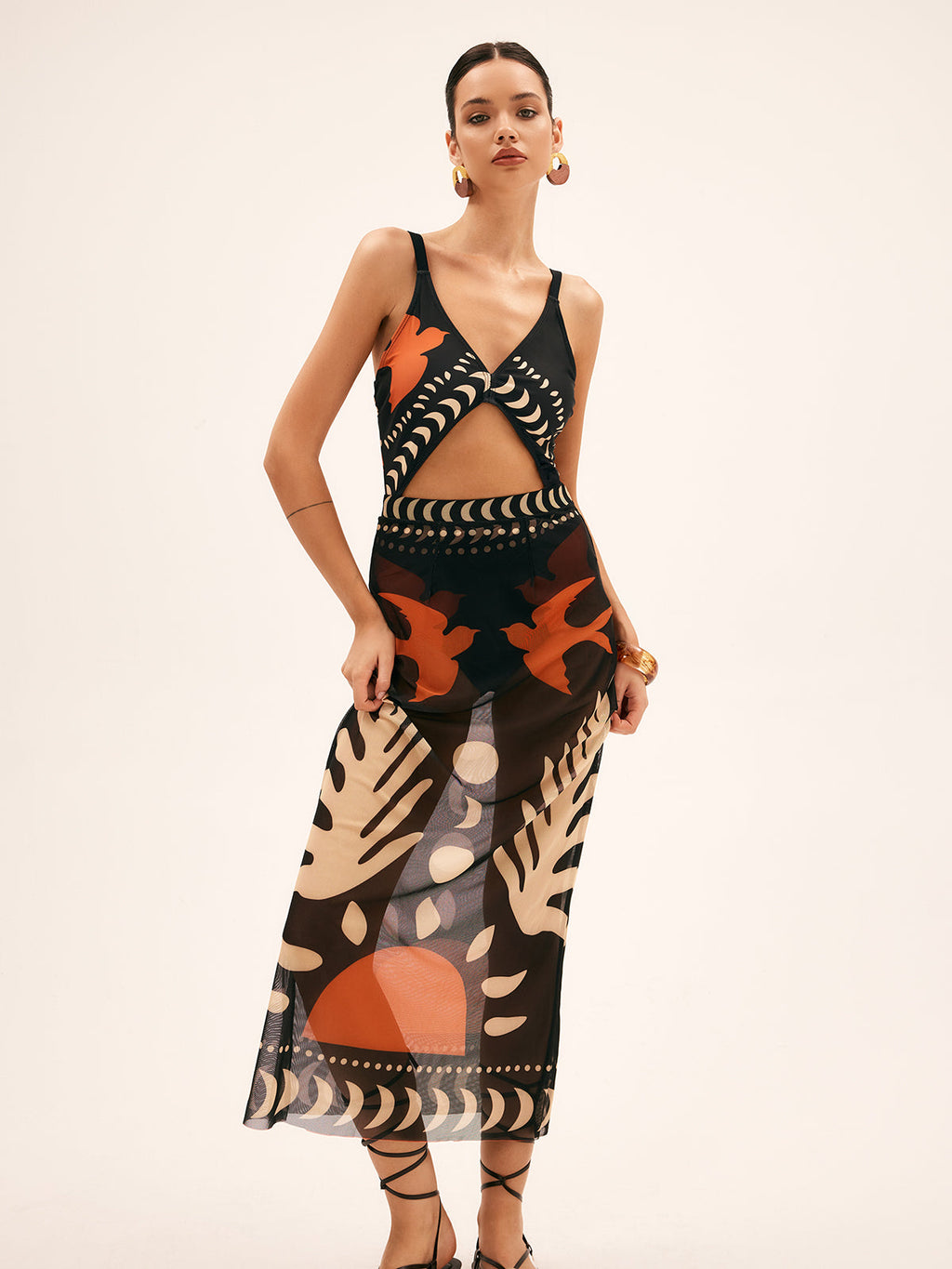 Bird Print Mesh Cover-Up Maxi Skirt — Black in Black — Svelte Chic