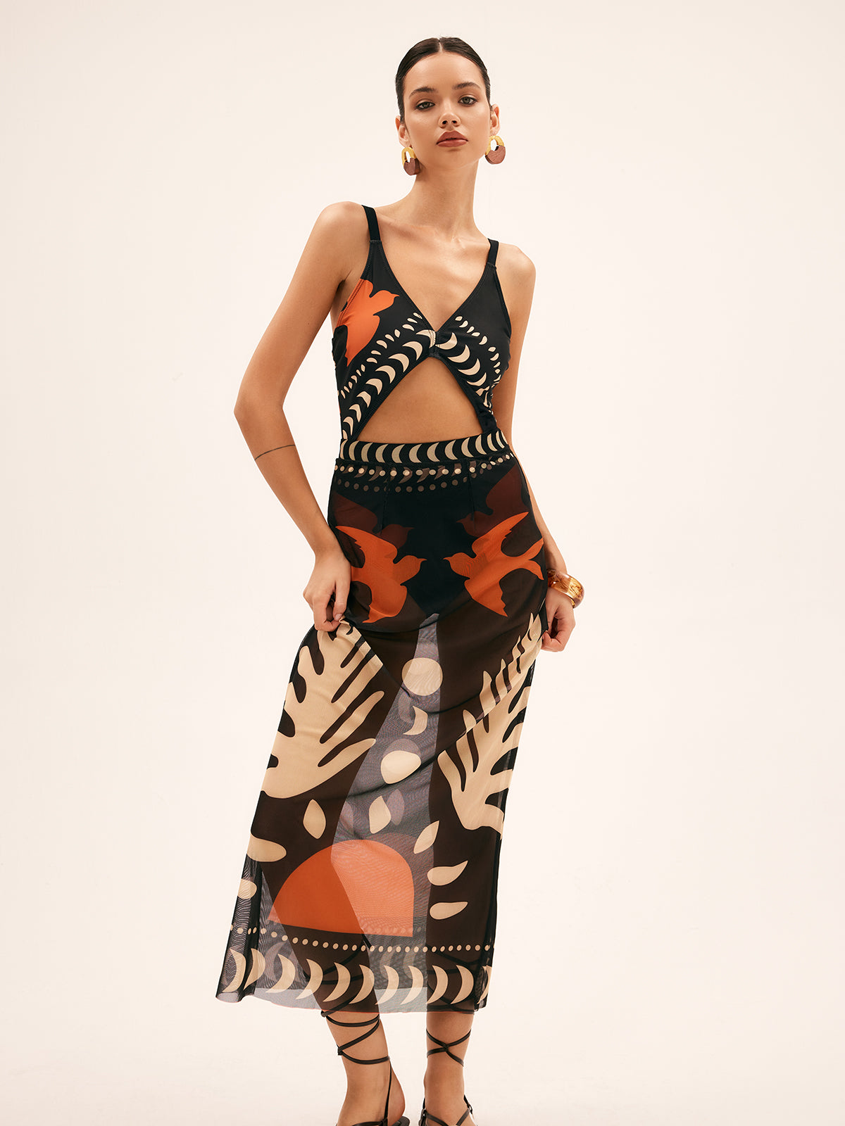 Bird Print Mesh Cover-Up Maxi Skirt — Black in Black — Svelte Chic