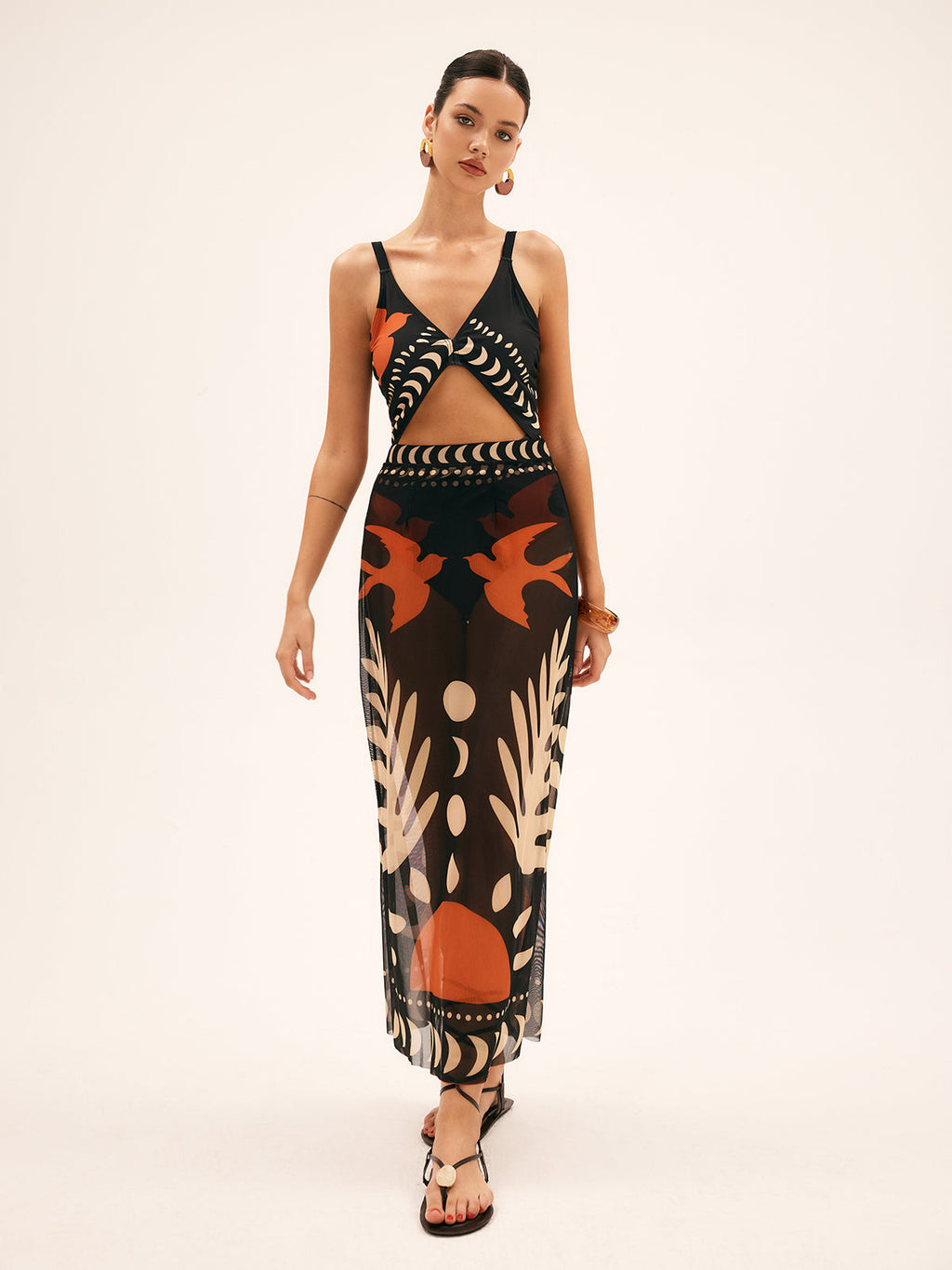 Bird Print Mesh Cover-Up Maxi Skirt — Black — Svelte Chic