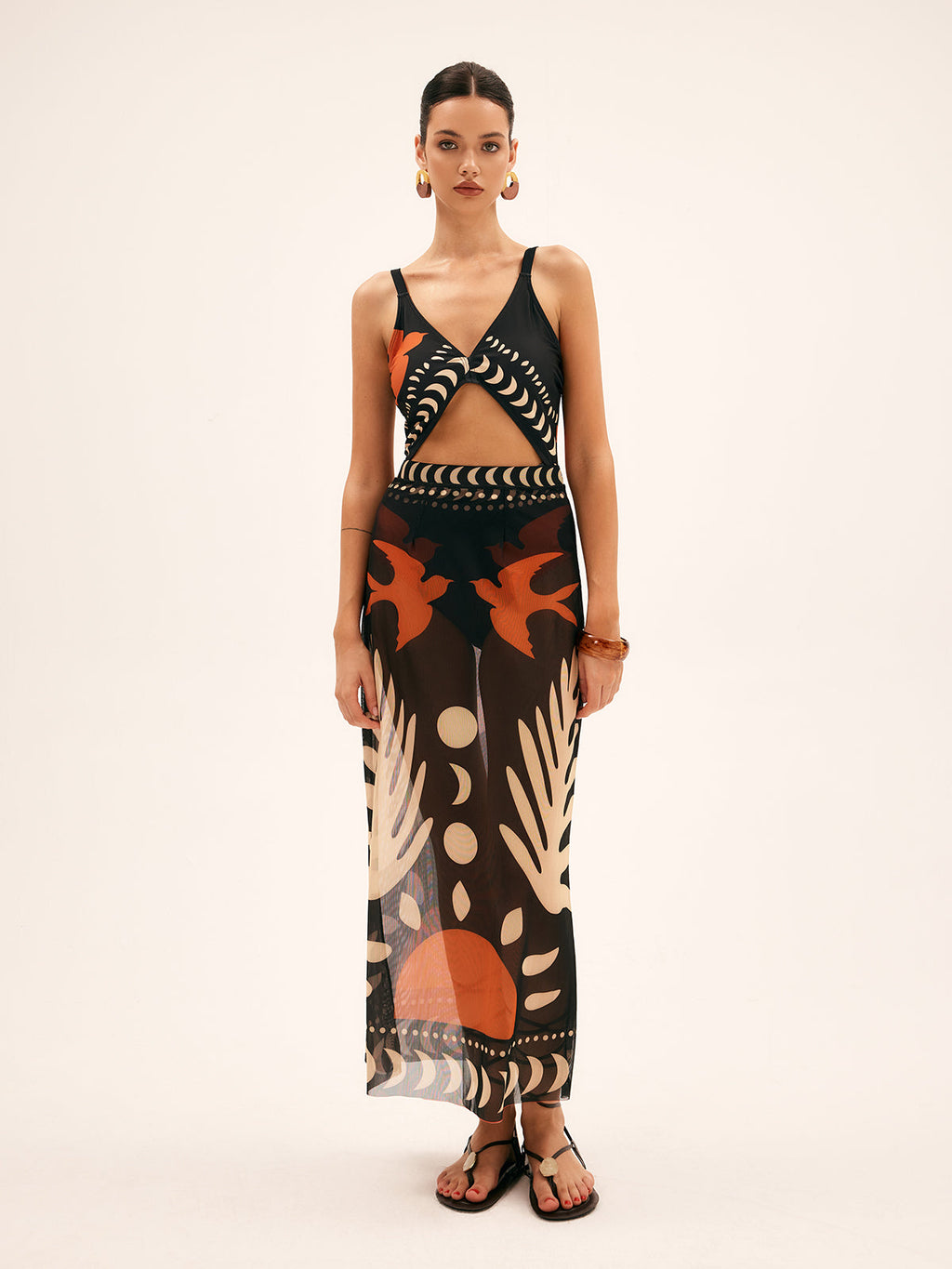 Bird Print Mesh Cover-Up Maxi Skirt — Black — Svelte Chic