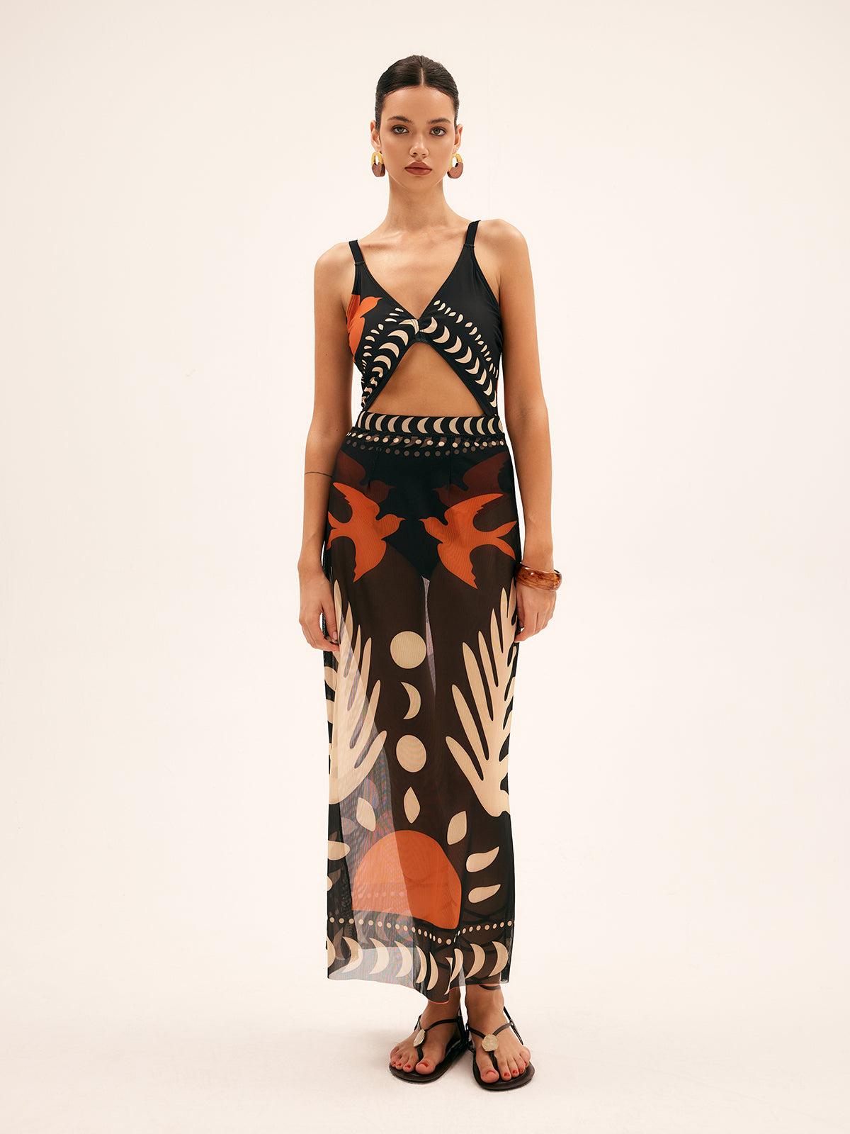 Bird Print Mesh Cover-Up Maxi Skirt — Black — Svelte Chic