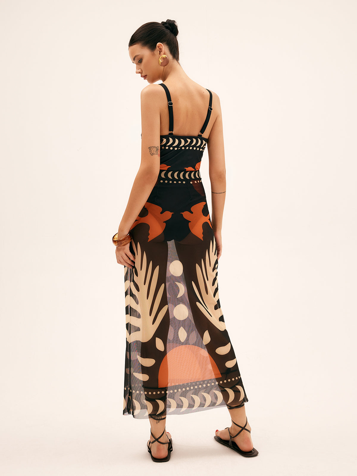 Bird Print Mesh Cover-Up Maxi Skirt — Black — Svelte Chic