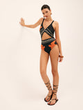 Bird Print Cutout One-Piece Swimsuit — Black in Black — Svelte Chic