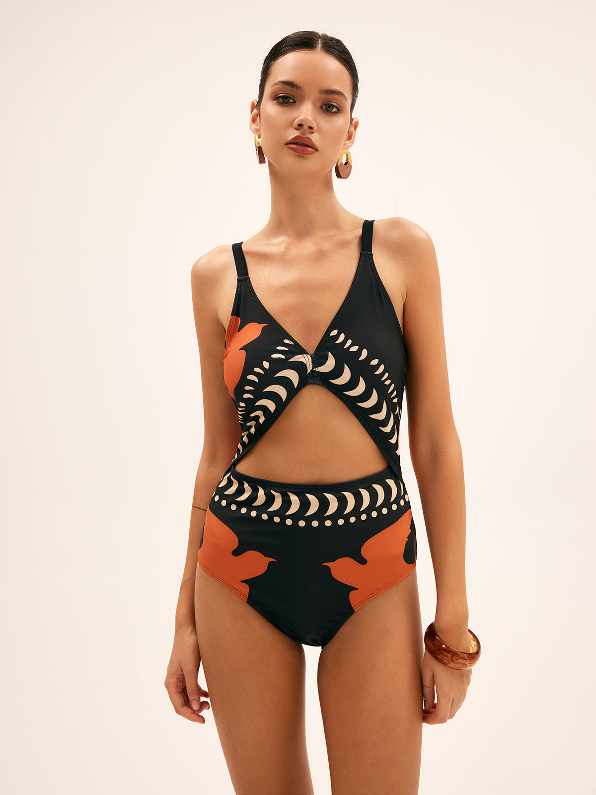 Bird Print Cutout One-Piece Swimsuit — Black — Svelte Chic