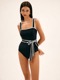 Sunbeam Contrast Belted One-Piece Swimsuit — Black in Black — Svelte Chic