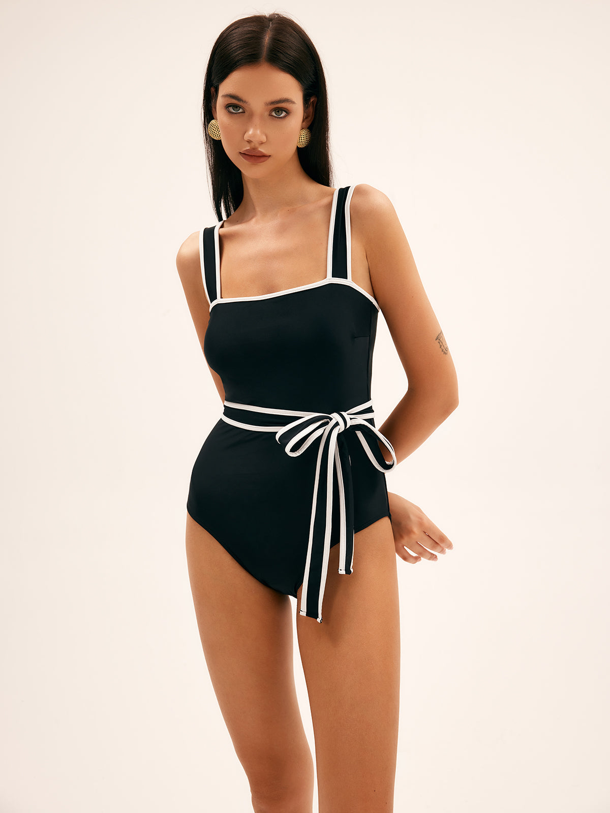 Sunbeam Contrast Belted One-Piece Swimsuit — Black in Black — Svelte Chic