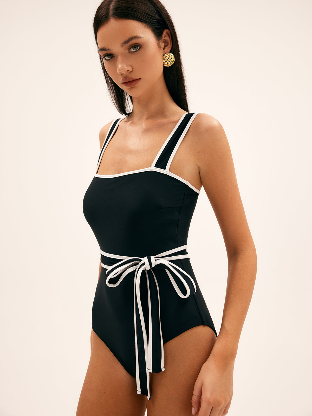 Sunbeam Contrast Belted One-Piece Swimsuit — Black — Svelte Chic