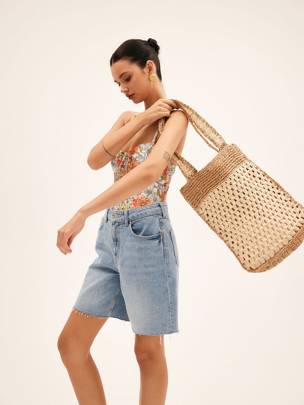 Contrast Straw Tote — Khaki in Khaki — Svelte Chic