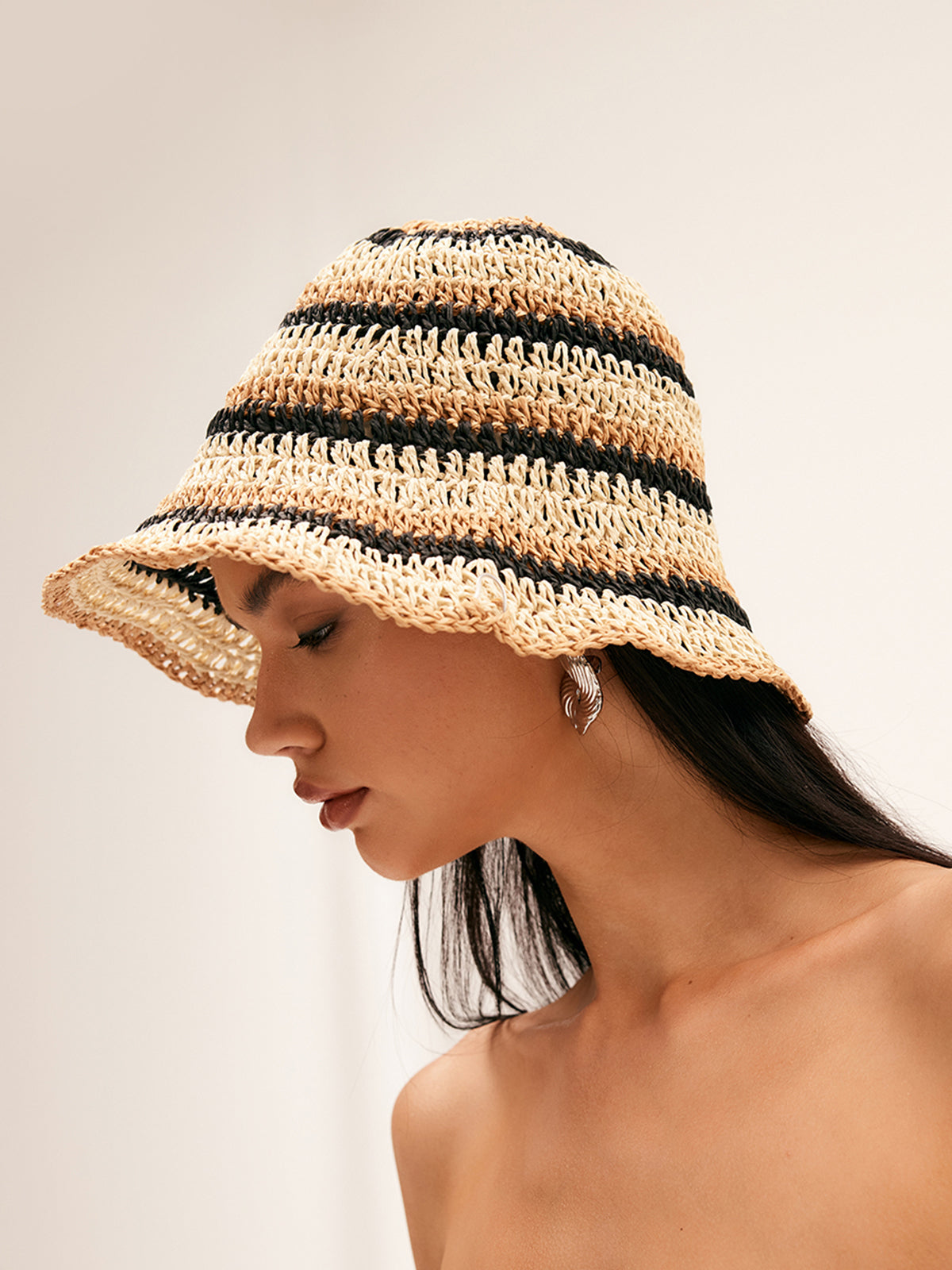 Striped Straw Bucket Hat — Khaki — Svelte Chic