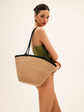 Contrast Bound Large Straw Bag — Khaki in Khaki — Svelte Chic