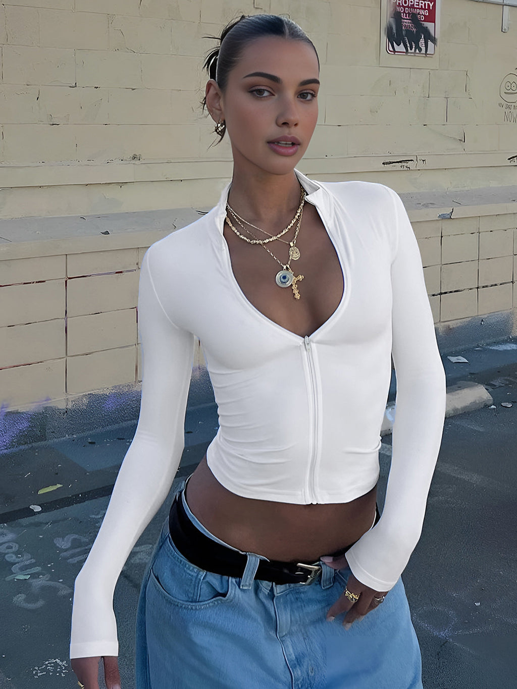 Zip Detail Long-Sleeve Top — Off-White in Off-White — Svelte Chic