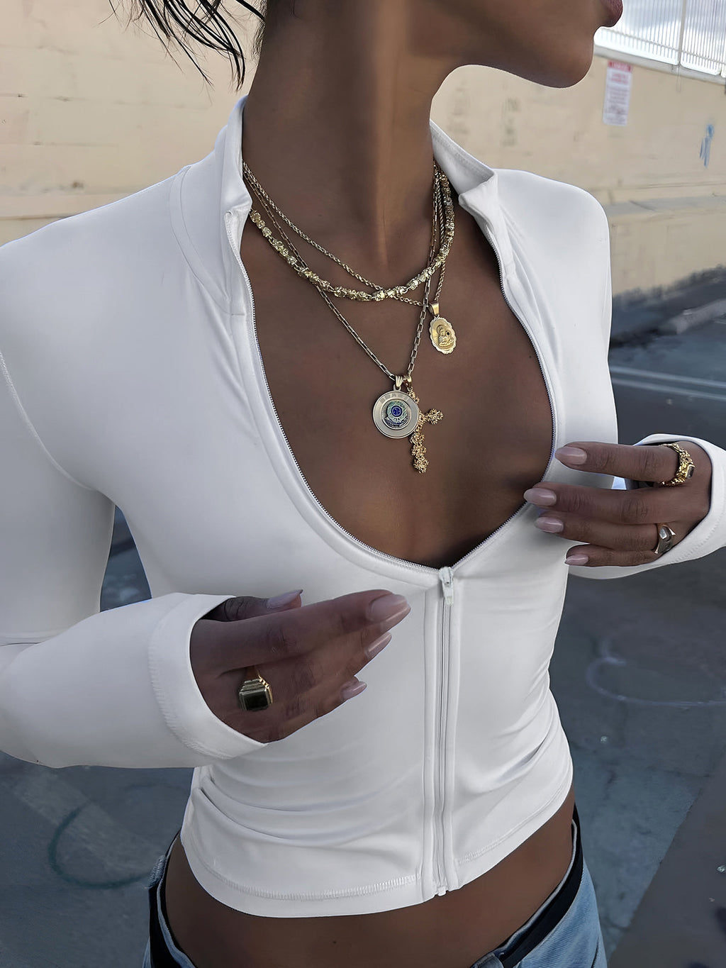 Zip Detail Long-Sleeve Top — Off-White — Svelte Chic