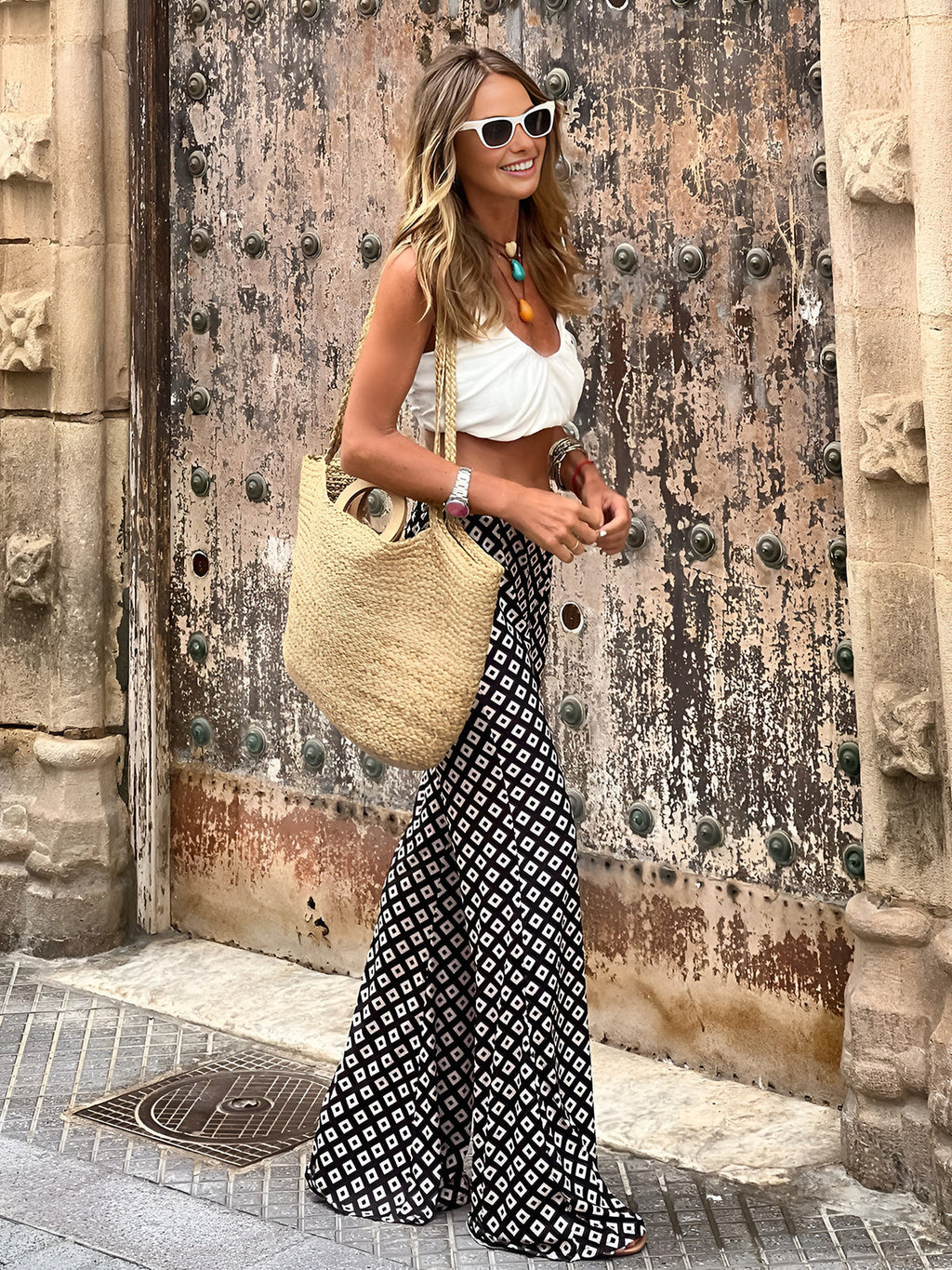 Geometric Print Flared Trousers — Svelte Chic