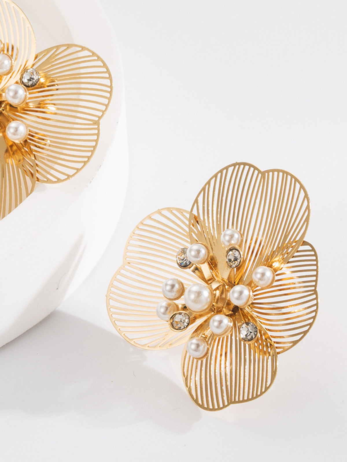 Pearl &amp; Rhinestone Flower Drop Earrings — Gold — Svelte Chic
