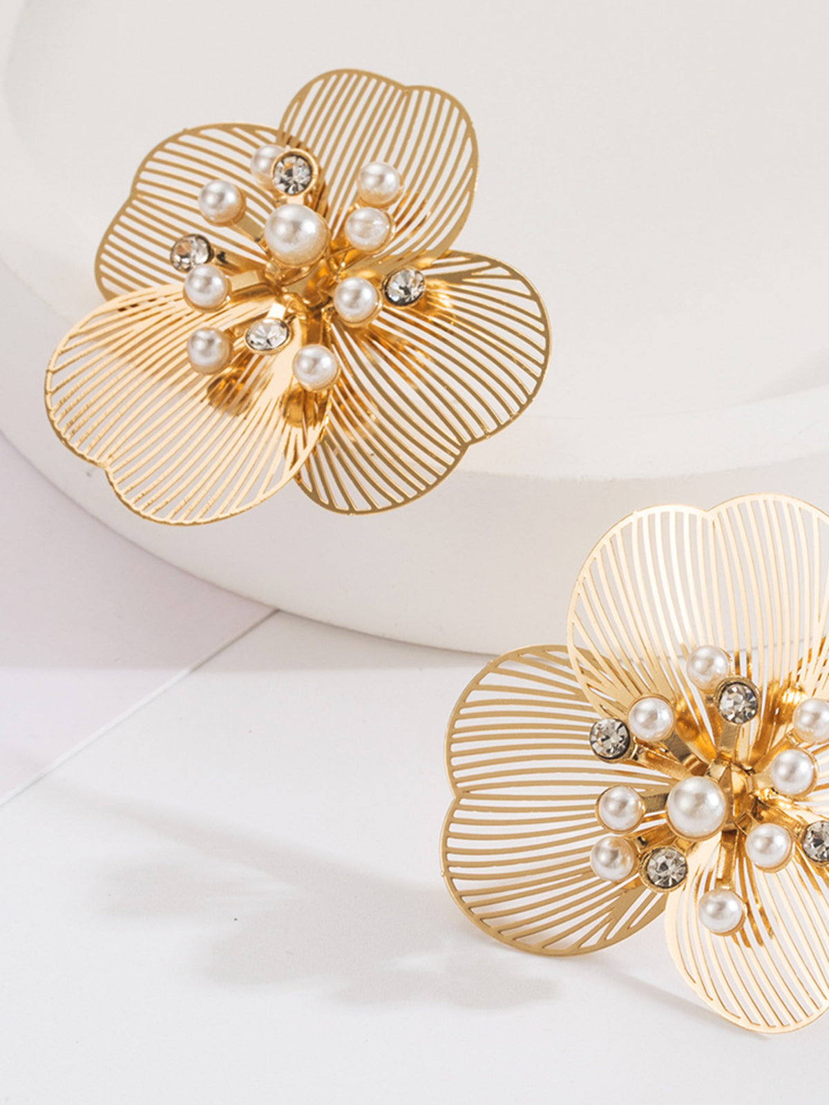 Pearl &amp; Rhinestone Flower Drop Earrings — Gold — Svelte Chic