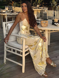 Metallic V-Neck Backless Maxi Dress in Gold — Svelte Chic