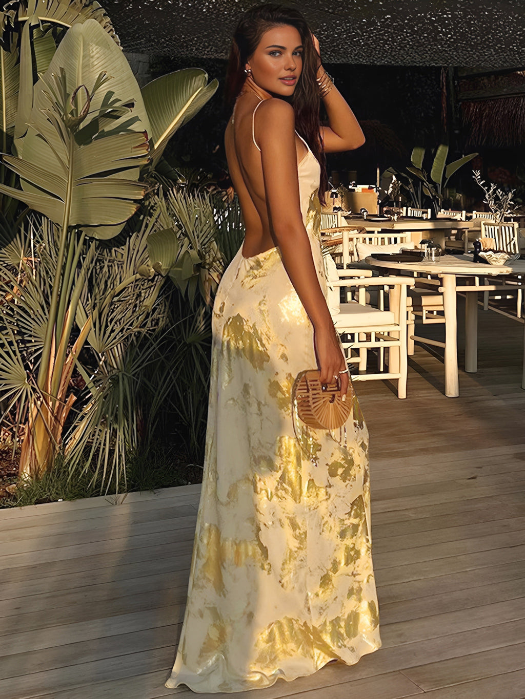 Metallic V-Neck Backless Slip Maxi Dress — Svelte Chic