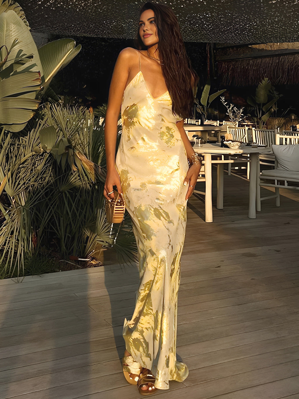Metallic V-Neck Backless Slip Maxi Dress — Svelte Chic
