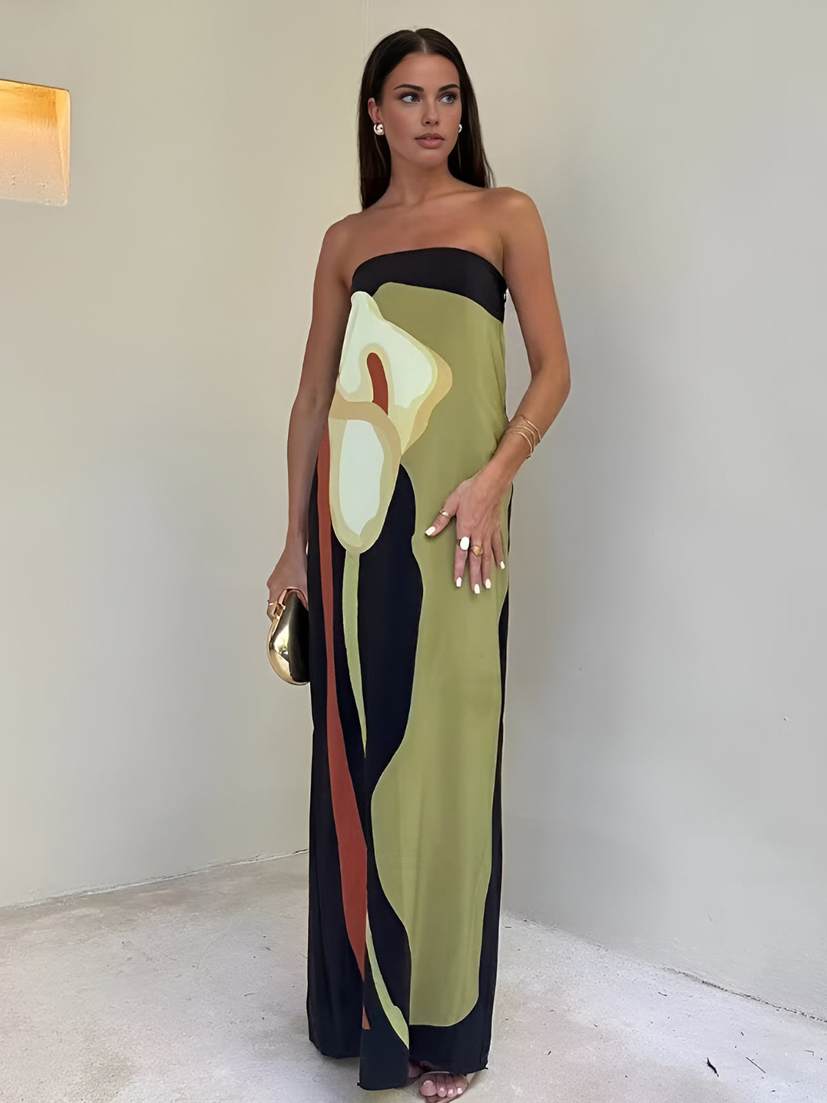 Large Floral Split Tube Maxi Dress — Green — Svelte Chic
