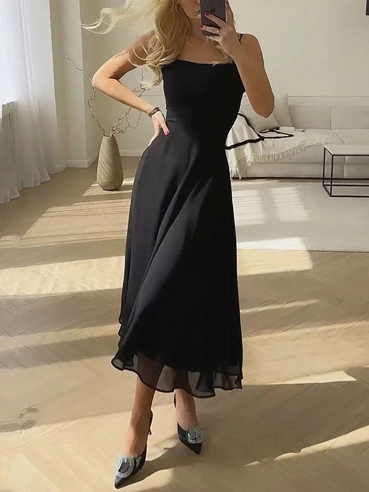 Semi-Sheer Square Neck Cami Maxi Dress in Black — Svelte Chic