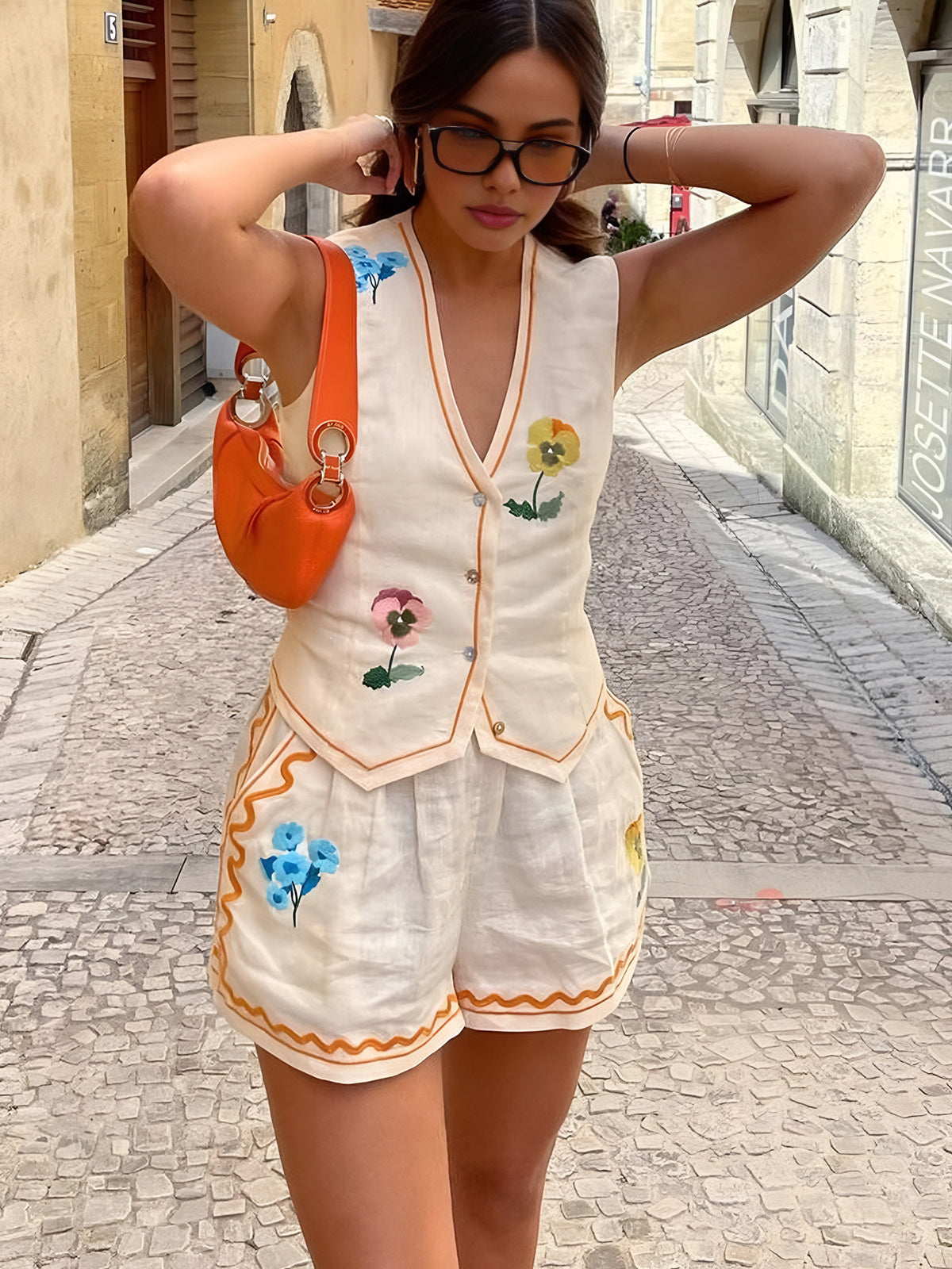 Floral Embroidered Shorts Set — Beige — Svelte Chic