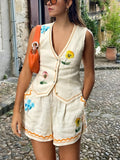Floral Embroidered Shorts Set — Beige in Beige — Svelte Chic