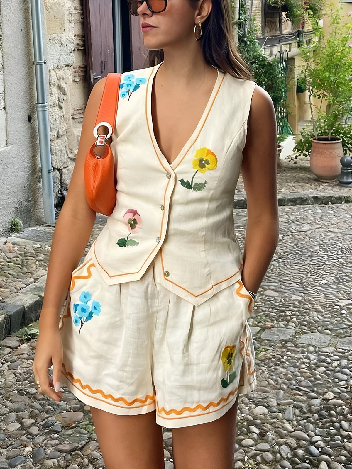 Floral Embroidered Shorts Set — Beige in Beige — Svelte Chic