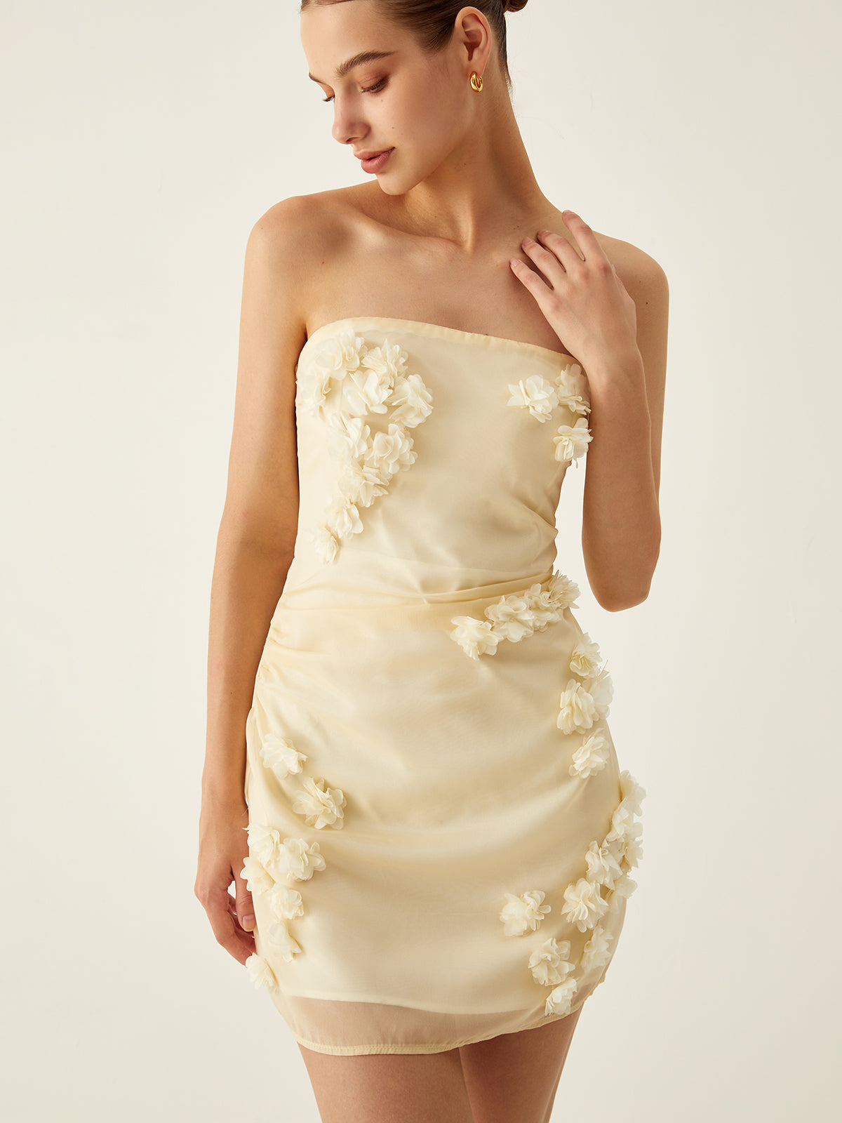 Chiffon Floral Strapless Mini Dress — Ecru — Svelte Chic