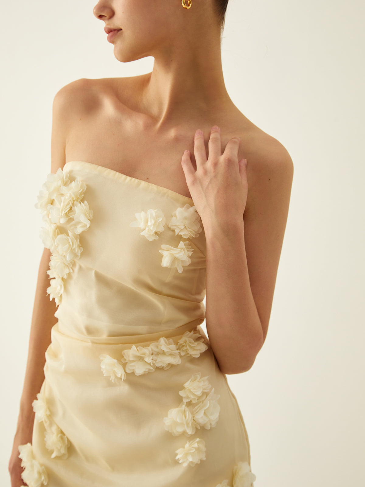 Chiffon Floral Strapless Mini Dress — Ecru — Svelte Chic