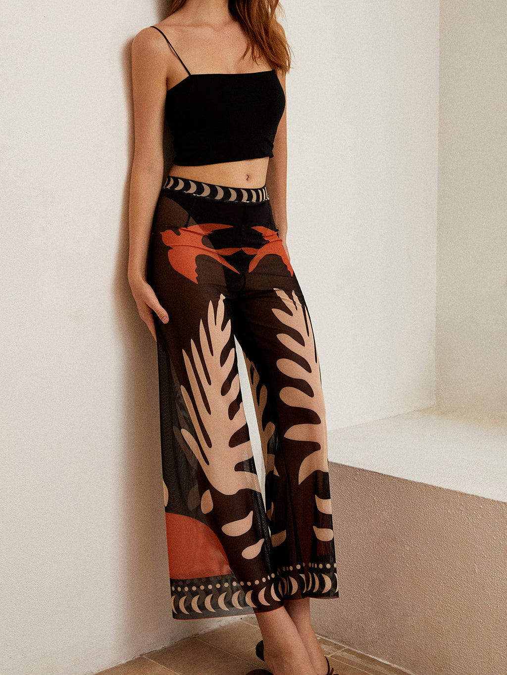 Bird Print Sheer Mesh Trousers — Black — Svelte Chic