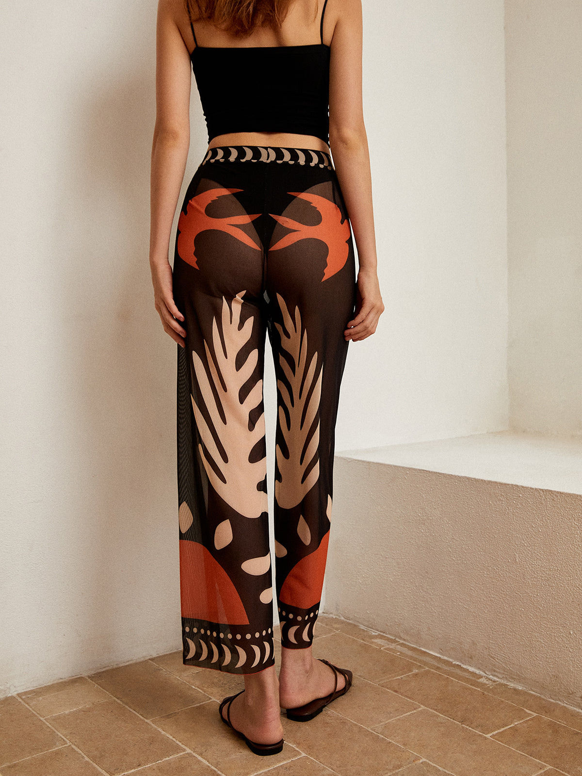 Bird Print Sheer Mesh Trousers — Black — Svelte Chic