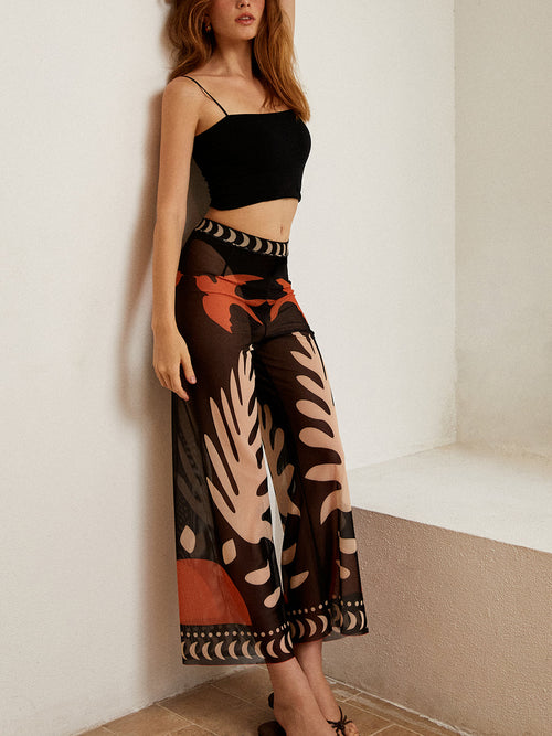 Bird Print Sheer Mesh Trousers — Black in Black — Svelte Chic