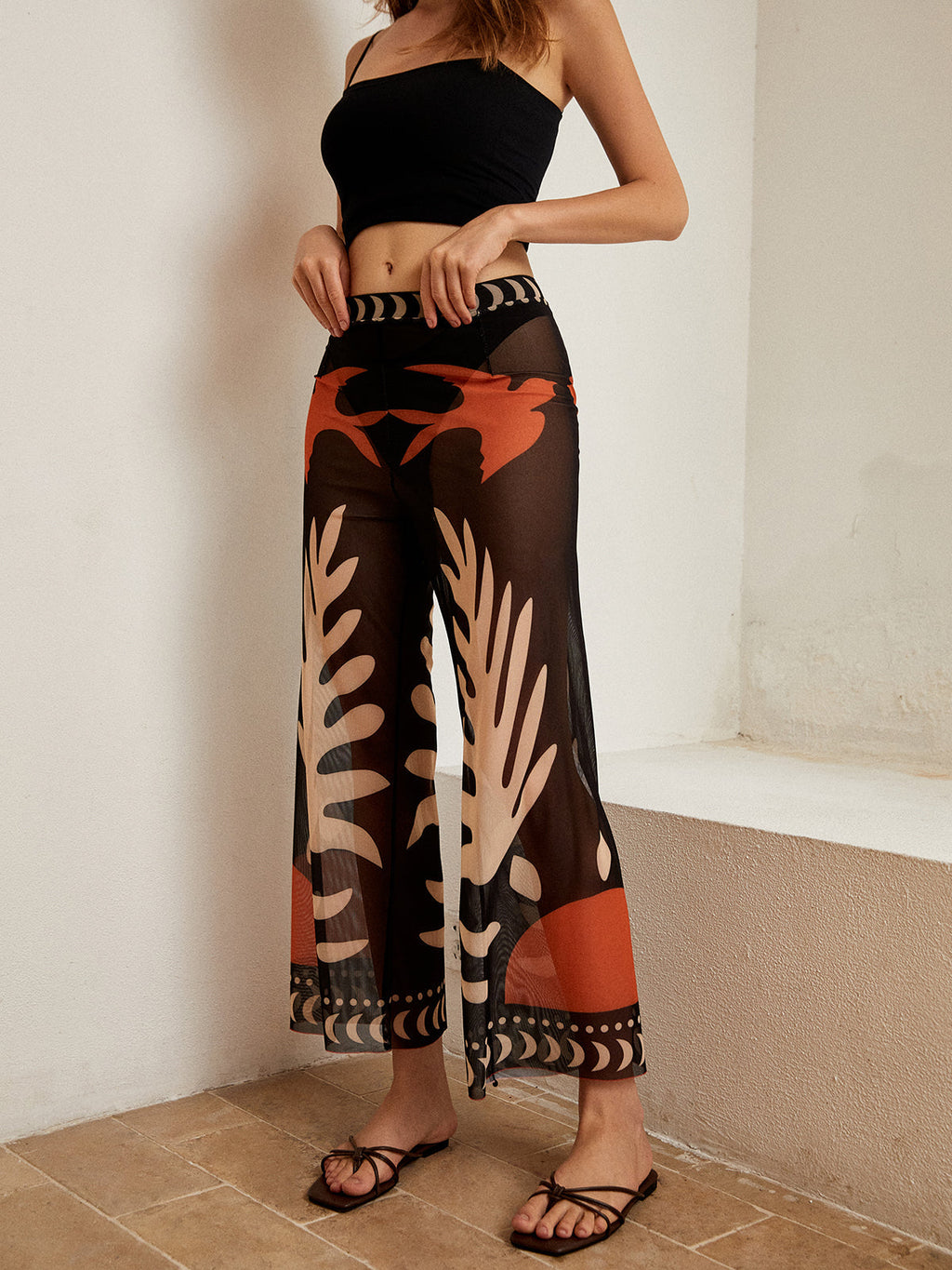 Bird Print Sheer Mesh Trousers — Black — Svelte Chic