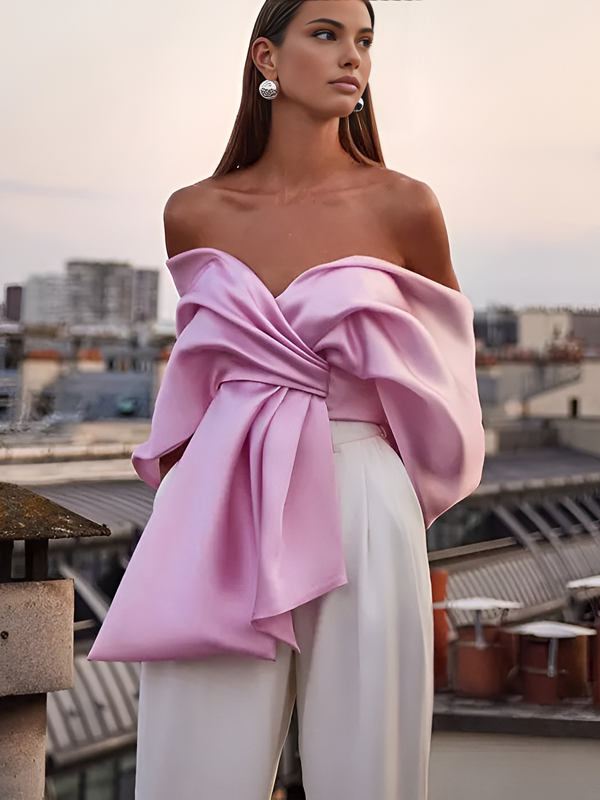 Satin Pleated Off-Shoulder Top in Pink — Svelte Chic
