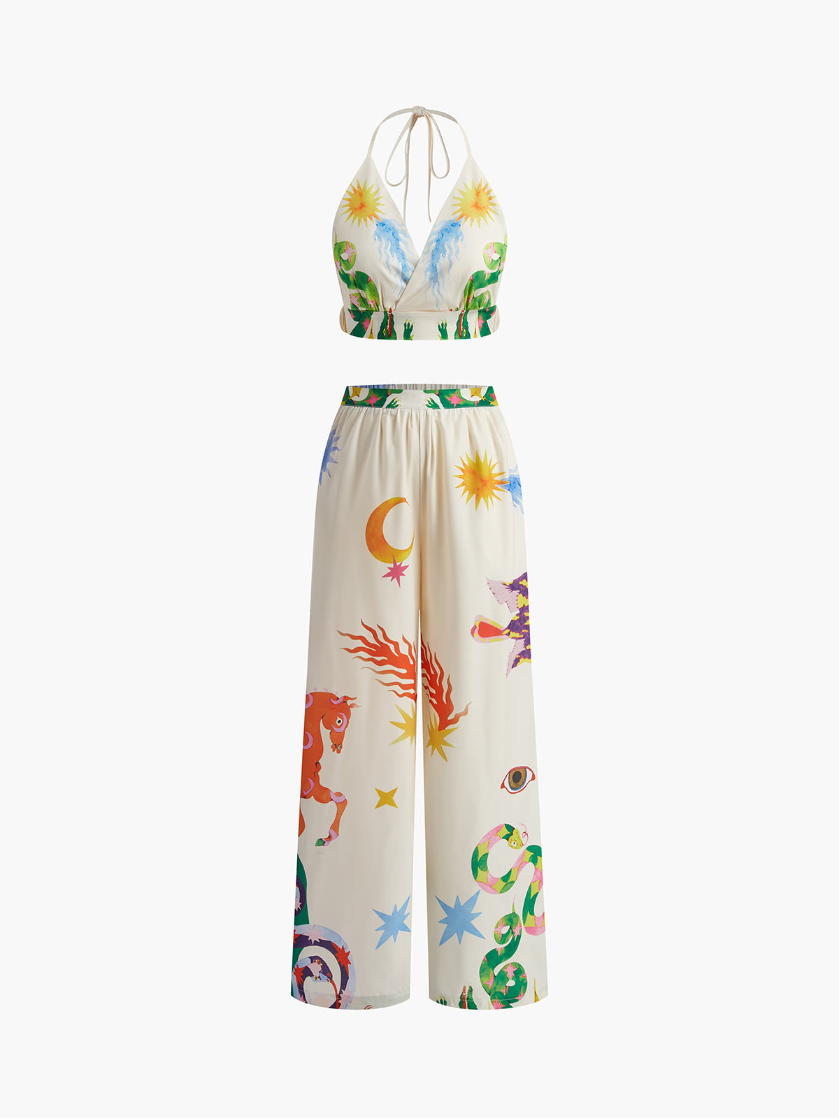 Print Halter Backless Trouser Set — Ecru & Green in Multicolor — Svelte Chic