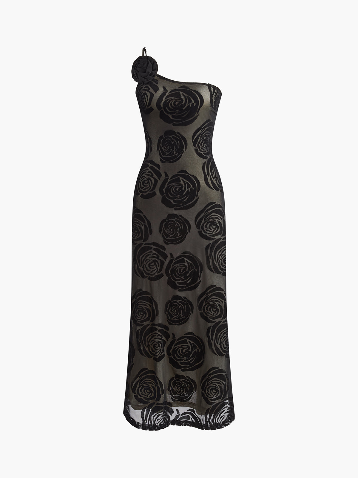 Jacquard Floral One-Shoulder Maxi Dress — Black — Svelte Chic