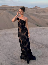 Jakarlı Çiçekli Asimetrik Uzun Elbise