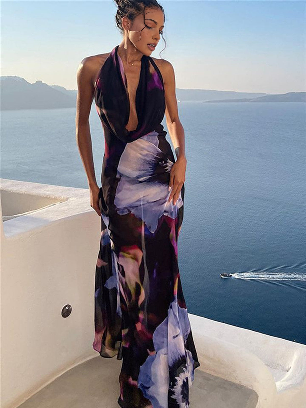 Print Backless Halter Maxi Dress — Black in Black — Svelte Chic