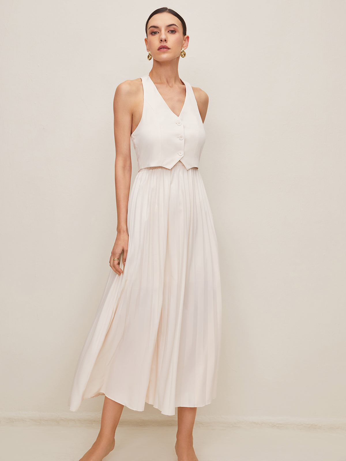 Button Halter Vest & Pleated Maxi Skirt Set — White — Svelte Chic
