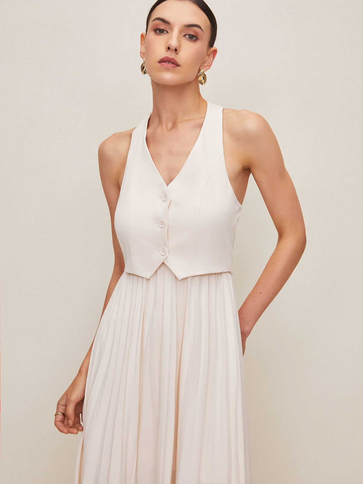 Button Halter Vest & Pleated Maxi Skirt Set — White — Svelte Chic