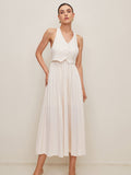 Button Halter Vest & Pleated Maxi Skirt Set — White in White — Svelte Chic