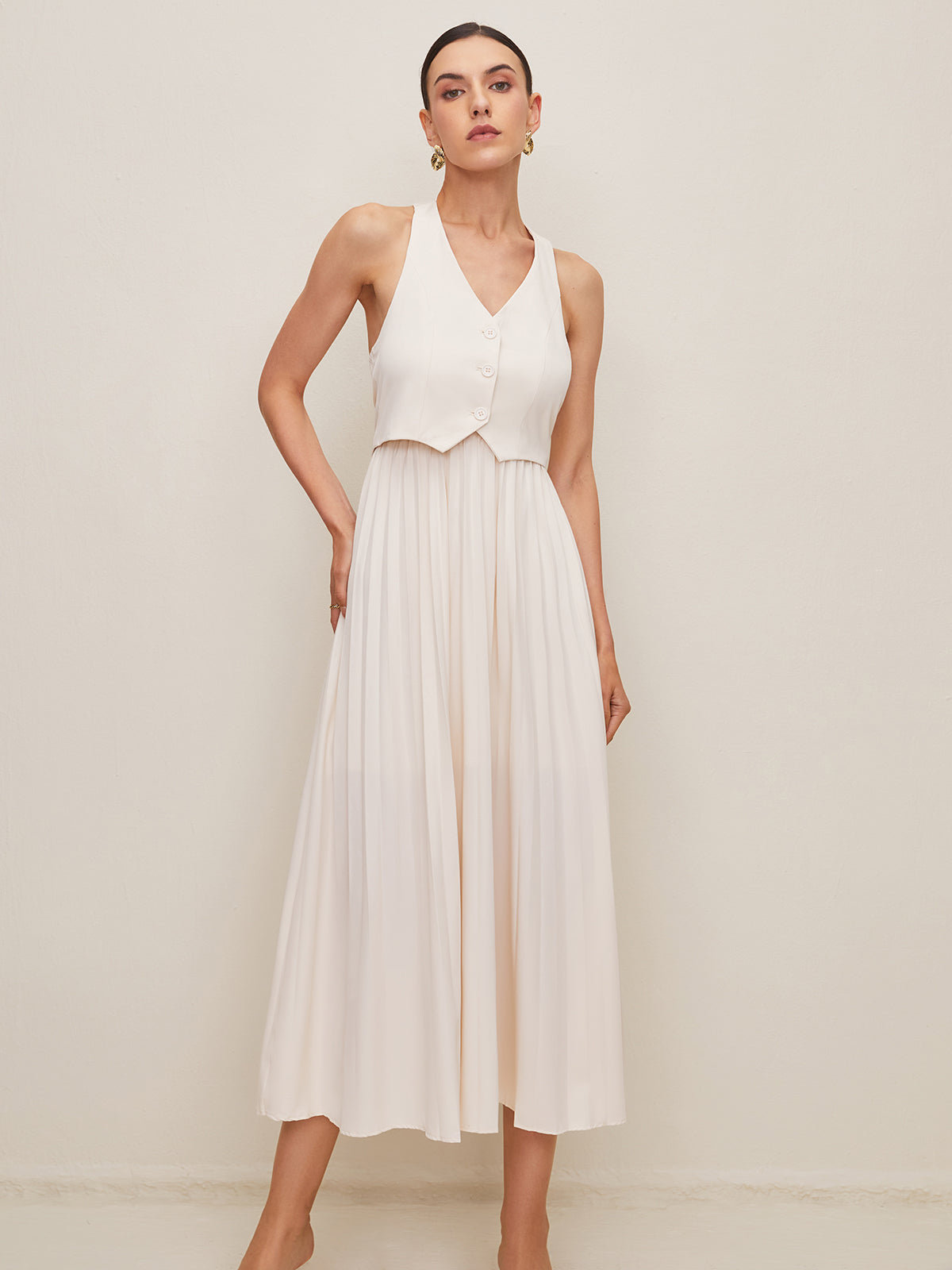 Button Halter Vest & Pleated Maxi Skirt Set — White in White — Svelte Chic