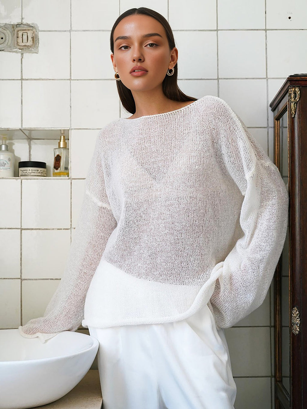Openwork Draped Knit Top in White — Svelte Chic