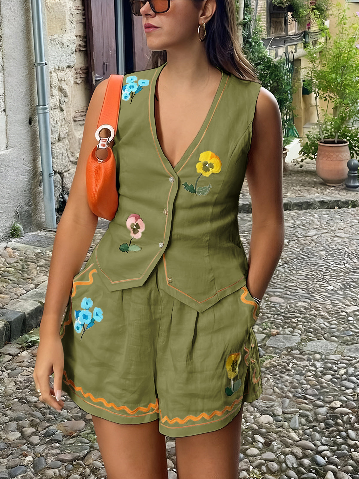 Floral Embroidered Shorts Set — Beige — Svelte Chic