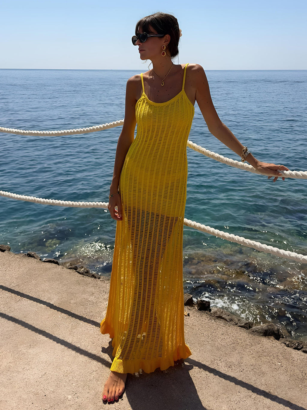 Openwork Knit Ruffle Midi Dress — Yellow in Yellow — Svelte Chic